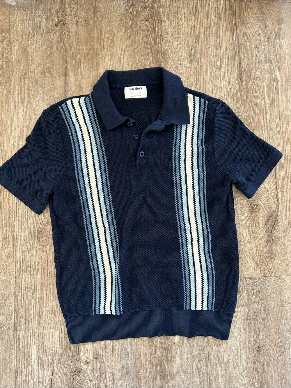 Navy Polo Shirt with Light Blue and Cream Stripes 100% Cotton